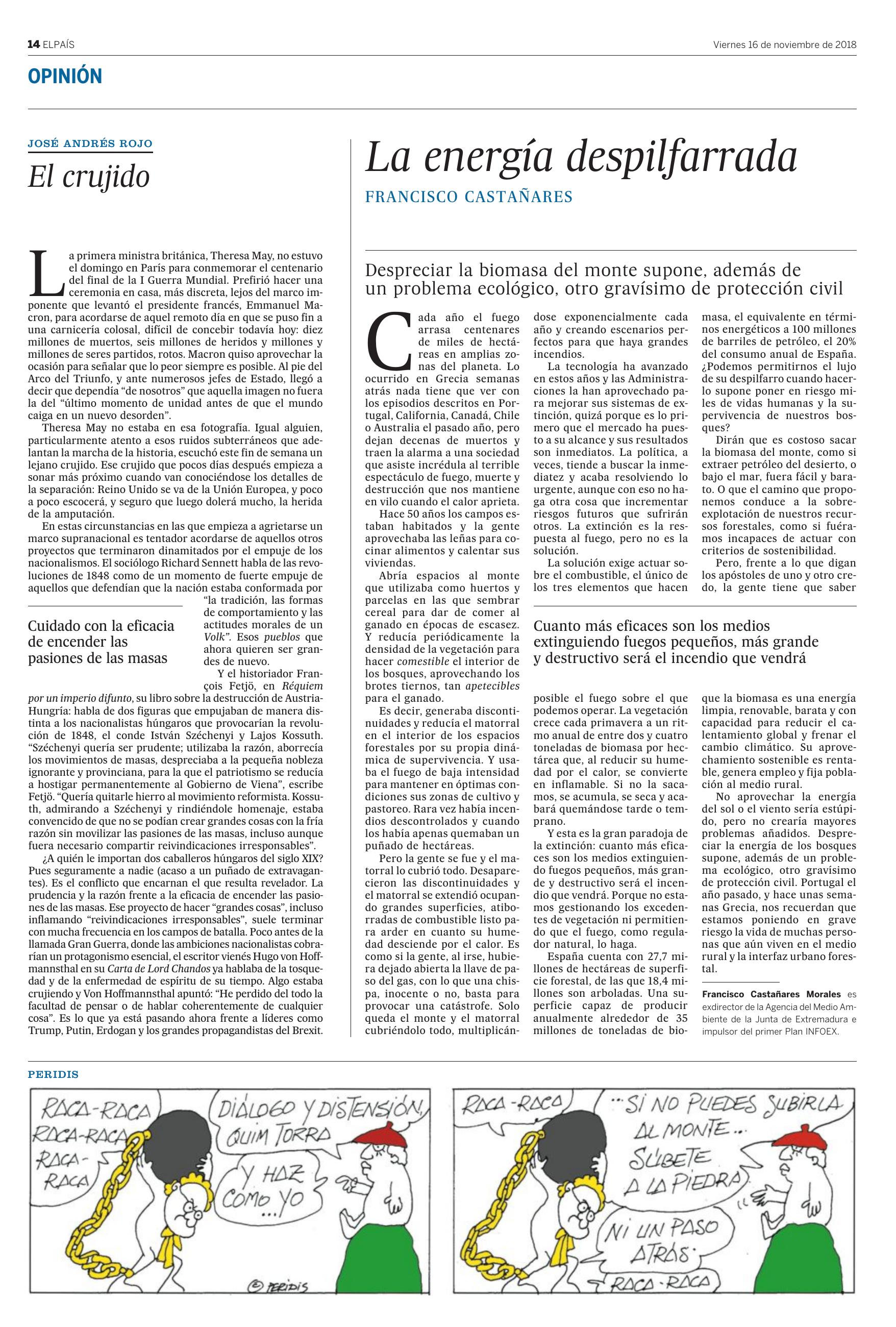 Página completa de la edición impresa de El País: La energía despilfarrada